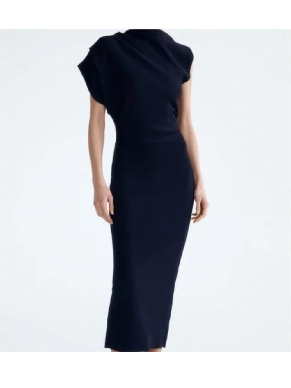 Zara Asymmetric Sleeve Midi Dress Navy Blue S NWT